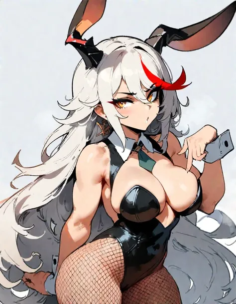 1girl, aegir (azur lane), azur lane  masterpiece, best quality, very aesthetic, absurdres, newest  sportive body,   by nyantcha,,by cutesexyrobutts,by khyle ///// white hair with a single prominent red streak, black horns, yellow eyes,  bunnysuit without b...