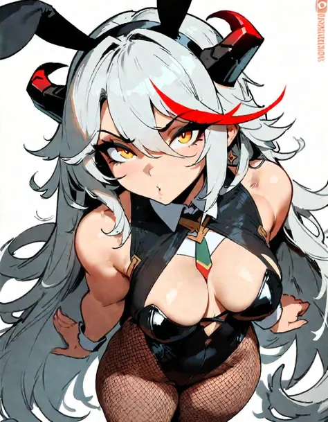 1girl, aegir (azur lane), azur lane  masterpiece, best quality, very aesthetic, absurdres, newest  sportive body,   by nyantcha,,by cutesexyrobutts,by khyle ///// white hair with a single prominent red streak, black horns, yellow eyes,  bunnysuit without b...