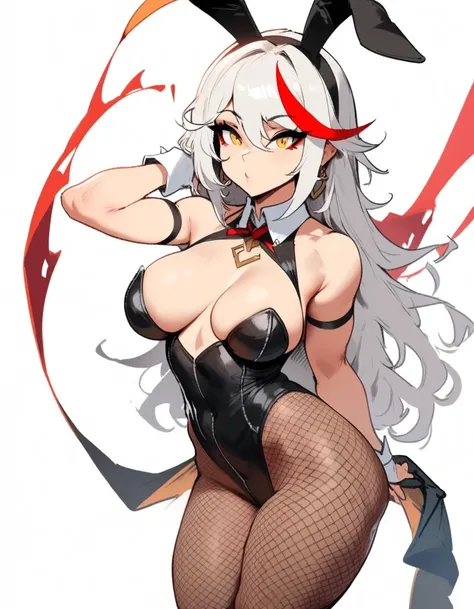 1girl, aegir (azur lane), azur lane  masterpiece, best quality, very aesthetic, absurdres, newest  sportive body,   by nyantcha,,by cutesexyrobutts,by khyle ///// white hair with a single prominent red streak, black horns, yellow eyes,  bunnysuit without b...