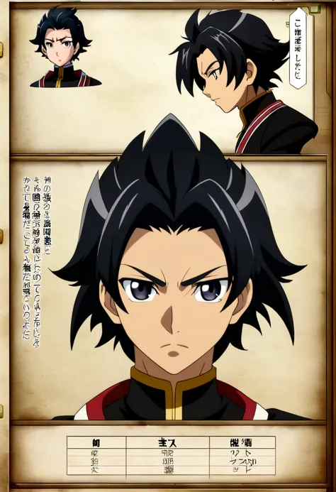 a boy, light skin, short black hair, black eyes, looking at the camera, anime style, masami kurumada style, character sheet