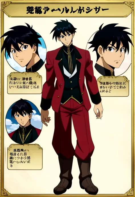 a boy, light skin, short black hair, black eyes, looking at the camera, anime style, masami kurumada style, character sheet