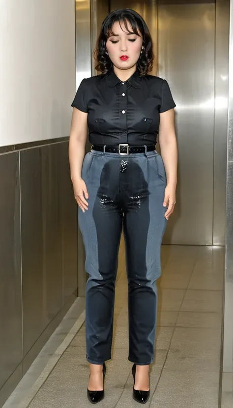 1woman,(masterpiece:1.8),photo-realistic,16k,(beautiful 40s japanese plump lady:1.3),(black frilled blouse:1.4),belt,(blue denim pants:1.1),pumps,(whimpering:1.6),(panicking:1.6),(crying:1.7),(handing on wetting crotch with both hands:1.2),(elevator:1.4),(...