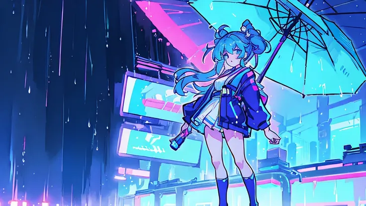 A beautiful girl wearing a cute outfit, standing with her back to the viewer in a neon cyberpunk city, under heavy rain, 8K anime wallpaper, surreal and hyper-detailed, at night on the street in Japan, with a blue atmosphere and rain droplets on her wet bo...