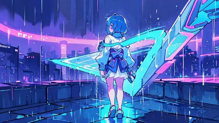 A beautiful girl wearing a cute outfit, standing with her back to the viewer in a neon cyberpunk city, under heavy rain, 8K anime wallpaper, surreal and hyper-detailed, at night on the street in Japan, with a blue atmosphere and rain droplets on her wet bo...