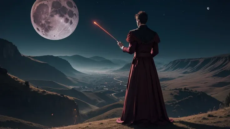 A Magician, standing backwards, wearing a long burgundy dress, casting a glowing spell at night, in the open sky looking at the moon, in a giant valley