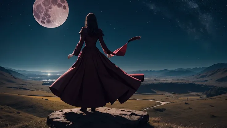 A Magician, standing backwards, wearing a long burgundy dress, casting a glowing spell at night, in the open sky looking at the moon, in a giant valley