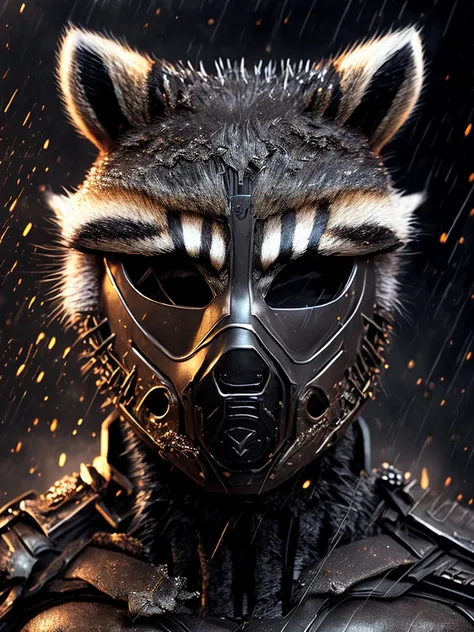 Close-up (Terminator Comedian from DC in Superhero style: 1.3) (raccoon mask:1.6), emerging from wet black mud, extremely detailed, smoke, sparks, metal shavings, flying debris, volumetric light