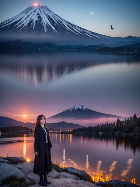 1 girl, black suit with tie, black long coat, standing in the lake, bird view, sci fi mountain, There is glare,looking in the front, night with moon in the sky, mountain fuji, sci fi mountain fuji, fuji, red hair