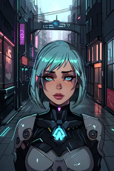 1girl, beautiful detailed face, beautiful detailed eyes, beautiful detailed lips, long eyelashes, heavy metal clothing, bobcut hairstyle, futuristic cityscape, neon lights, city street, enki bilal style, realistic, long coat, (best quality,4k,8k,highres,ma...