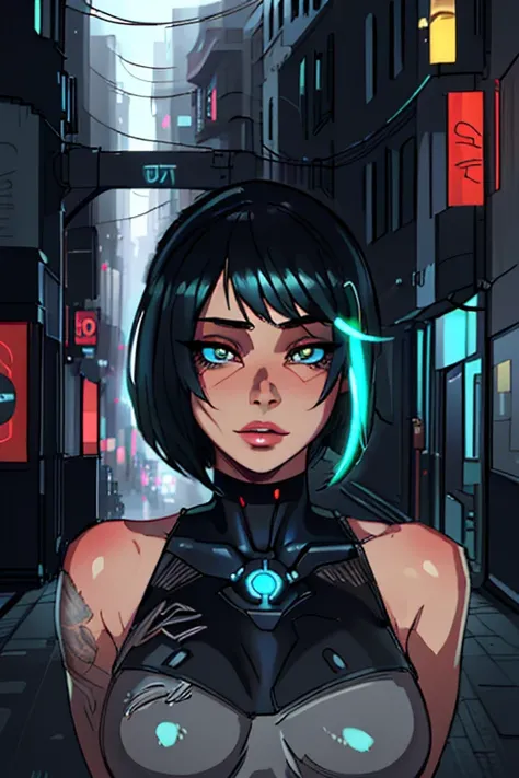 1girl, beautiful detailed face, beautiful detailed eyes, beautiful detailed lips, long eyelashes, heavy metal clothing, bobcut hairstyle, futuristic cityscape, neon lights, city street, enki bilal style, realistic, long coat, (best quality,4k,8k,highres,ma...