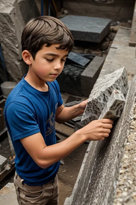 a boy cutting granite 