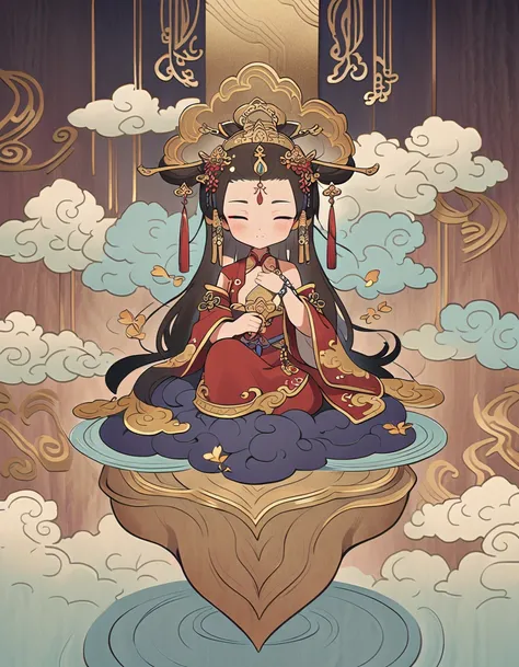 Dunhuang art style illustration,Tiny little monk sitting on the giant hand of Guanyin,Nestled in the rolling ripples,extremely delicate brushstrokes, Soft and smooth,Chinese Red and Indigo,The background is covered with auspicious cloud patterns painted wi...