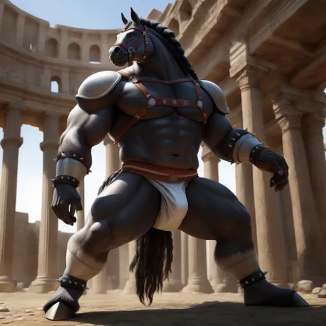 Furry, Kemono, Antropomorphic, Equine, solo, (Color White), Furry Antropometric legs, Hooves, Antro body, Bigg Ass, Male Bulge, Bigg Balls, Full body, Braided Mane, Roman gladiator armor, Gladiator, Black leather harness, Spiked Anklet, White fitted fundos...