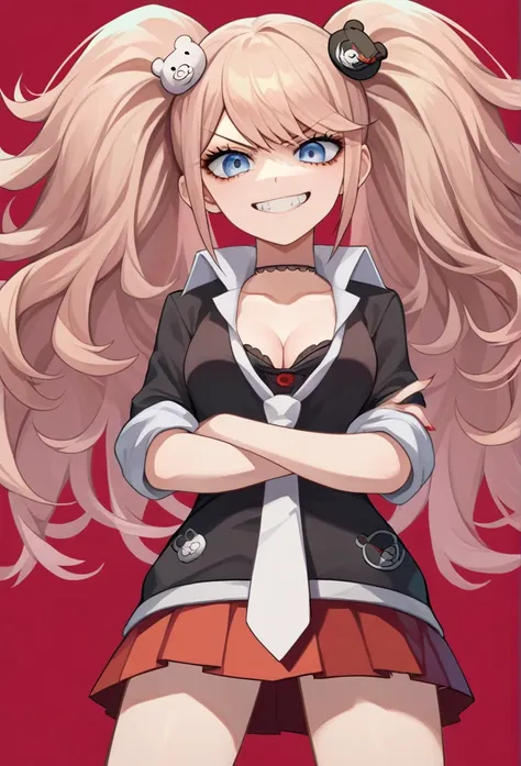 score_9, score_8_up, score_7_up, source_anime, solo, 1girl, enoshima junko, grin, looking at viewer, standing, crossed arms, twi...