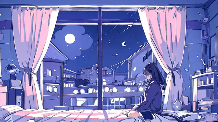 Detailed anime girls, clad in large sweaters, don headband headphones, basking in the praises of admirers. The quiet ambiance, enveloped in a tranquil atmosphere, contrasts the sudden exclamation of "Thats horrible!" as she gazes out of her bedroom window ...