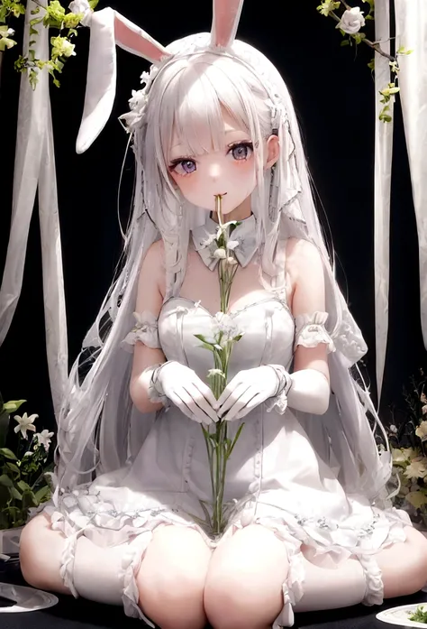 Rabbit-eared girl、White dress、View your viewers、Attention to detail、Shiny white skin、Adorable、Background like Alice in Ignorance、Fantasy