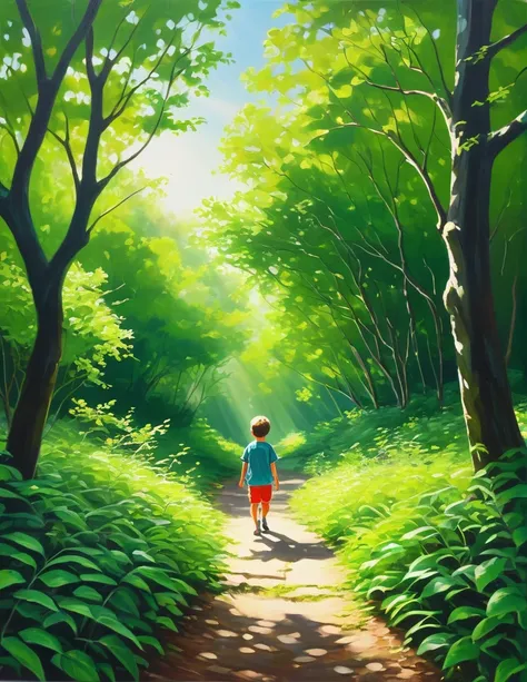 "Acrylic painting of a greenery canopy green summer forest, a little boy walking on pathway in distant, sunlight, bushes, octane render, HD, extremely detailed, smooth, beautiful 