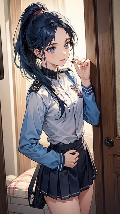 One girl, alone, Laura S.. Alseid (Long dark blue hair, Ponytail and side bangs, Small breasts), (Inspired by the cold steel trail) Exposing panties in uniform, At military school, Embarrassing