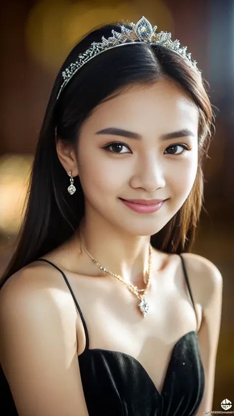 Indonesian girl, 18 years old, (masterpiece), Javanese skin color, best quality, expressive eyes, perfect face, (very realistic), (black wedding dress), diamond necklace, crown on head, Smile, Long Black Hair, innocent face, brown eyes , High resolution, m...