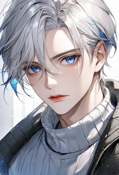 boy, silver hair, blue eyes, serious sharp features, white skin, shiny lips, handsome, perfect, sweater