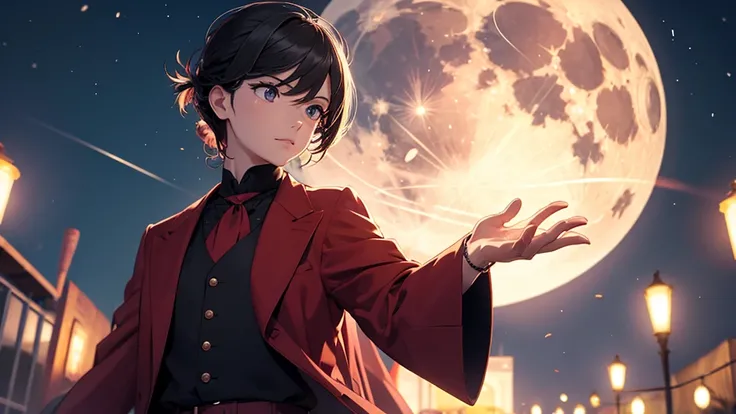 A Magician, standing backwards, wearing a long burgundy outfit, casting a spell at night in the open sky looking at the moon