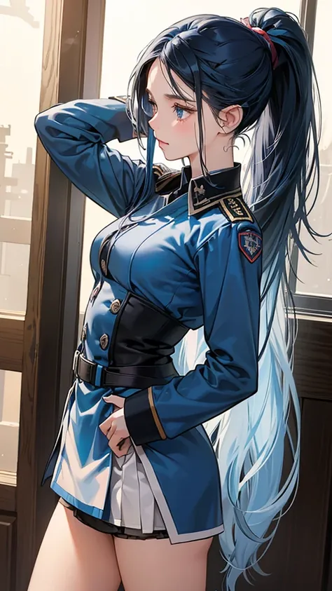 One girl, alone, Laura S.. Alseid (Long dark blue hair, Ponytail and side bangs, Small breasts), (Inspired by the cold steel trail) Exposing panties in uniform, At military school, Embarrassing