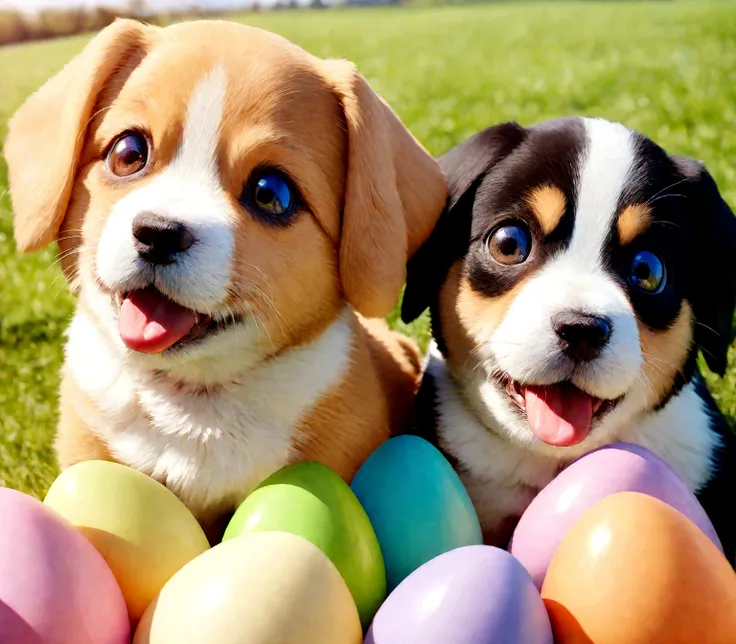 Highest quality:1.2,masterpiece:1.2,Genuine:1.2,Close-up photo, 2 puppies, Big eyes, very cute, Next to each other, outside, Pasture, sunrise, Colorful Easter eggs