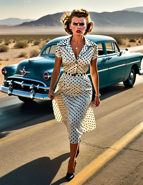 1950s style, angry [woman:maude adams:0.1] in a polka dot dress, leaving her broke down and steam comes out of her hudson hornet...