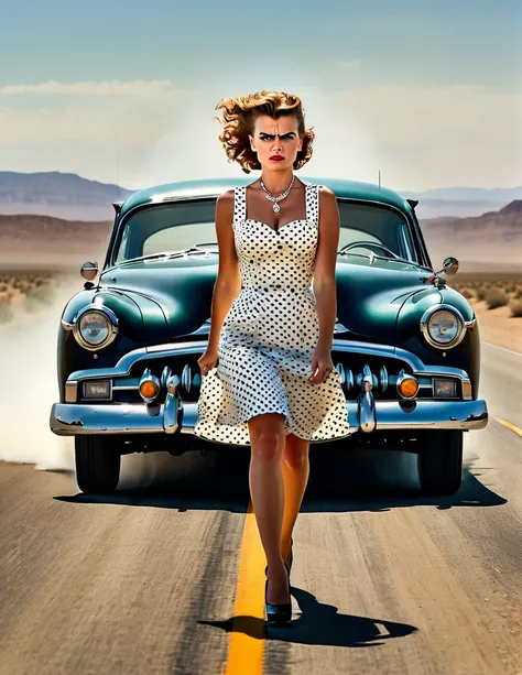 1950s style, angry [woman:maude adams:0.1] in a polka dot dress, leaving her broke down and steam comes out of her hudson hornet...