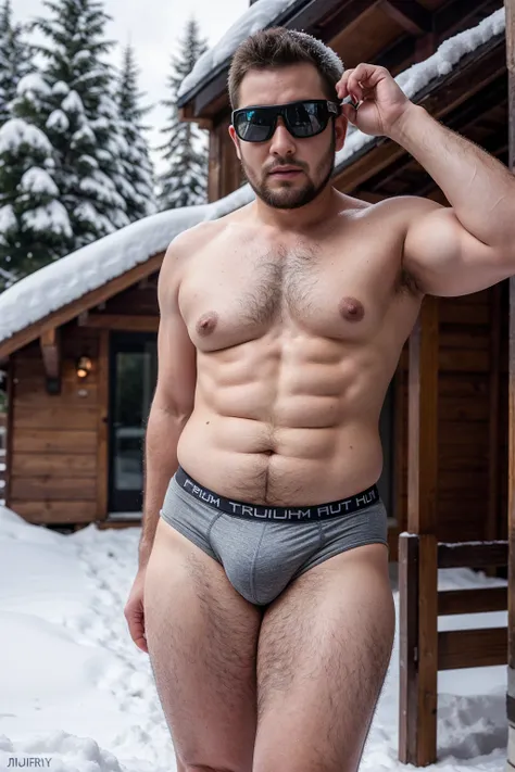 Draw a chubby man，Stand in front of a hut in the snow。Goggles are worn on the forehead，Wear a tight Calvin Klein mens underwear and curved legs.，The clothes are open to reveal the belly，Chubby 18 year old boy，The crotch protrudes，pupils，prominent pubis，Shy...