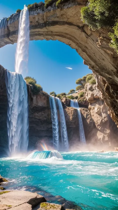 Une casquade deau bleu azur avec un arc en ciel au dessu et une licorne de foudre sur la cascade 