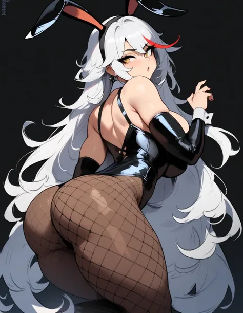 1girl, aegir (azur lane), azur lane  masterpiece, best quality, very aesthetic, absurdres, newest  sportive body,   by nyantcha,,by cutesexyrobutts,by khyle ///// white hair with a single prominent red streak, black horns, yellow eyes,  bunnysuit without b...