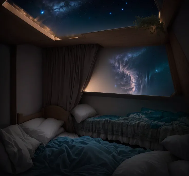 Aerial view of bedroom，There is a bed and the night sky, dream like atmosphere 8k, The outside space seen from the window, Night under the stars, moonlit starry sky environment, Bedroom Background, Galactic environment, Dream Night, Night scenery, Night Re...