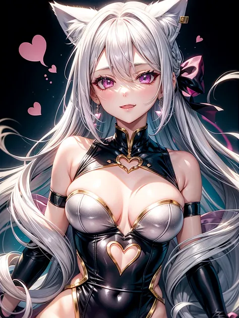 Silver hair, pink eyes, body, cat ears, sexy girl, earrings, heart fantasy background, gold and silver uniform, hair bows, lay back, happy face 