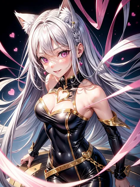 Silver hair, pink eyes, body, cat ears, sexy girl, earrings, heart fantasy background, gold and silver uniform, hair bows, lay back, happy face 