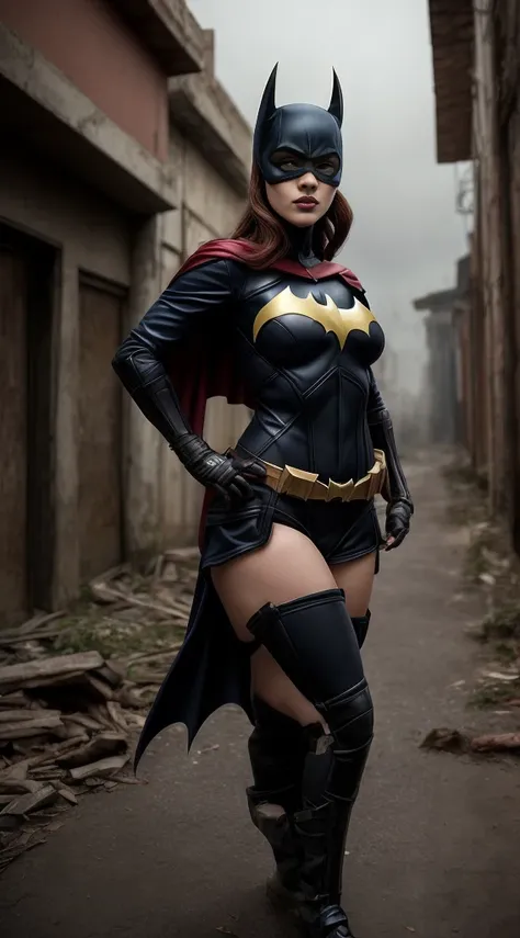 Batgirl enormous breasts Comics vestindo um uniforme apertado com uma capa preta em um beco escuro e sinistro sob uma luz de rua fraca, (Sensual pose with hands on waist), (Noite chuvosa com nevoeiro), Batgirl, Bodysuit, corpo tonificado, quadris largos, A...