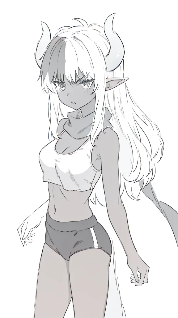 ((1girl,solo,mature female,15s,adult)),medium breasts,long hair, black hair,angry expression,horns,elf ears,black scarf,cleavage,(dark skin),((black sports bra, midriff)),white background