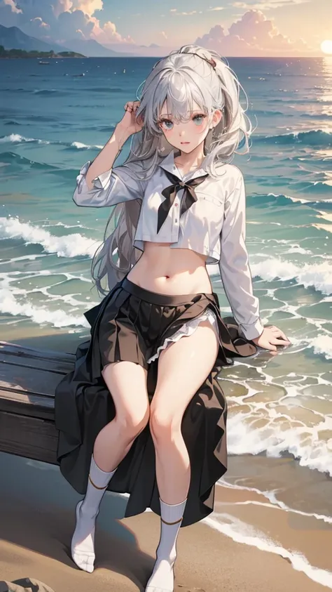 ((masterpiece)), ((Highest quality)), ((High resolution)), ((Highly detailed CG Unity 8k wallpaper)), alone, Tachibana Sonata, Brown uniform, A black skirt rolls up, belly button,White panties,White socks, Outdoor, face, curtained hair, Beach, Parted hair,...