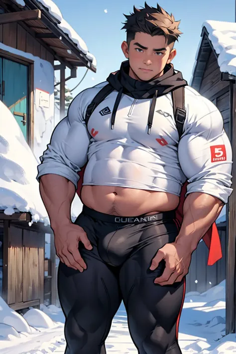 Draw a chubby cute boy，Stand in front of a hut in the snow。Goggles are worn on the forehead，Wear a tight Calvin Klein mens underwear and curved legs.，The clothes are open to reveal the belly，Chubby 18 year old boy，The crotch protrudes，pupils，prominent pubi...