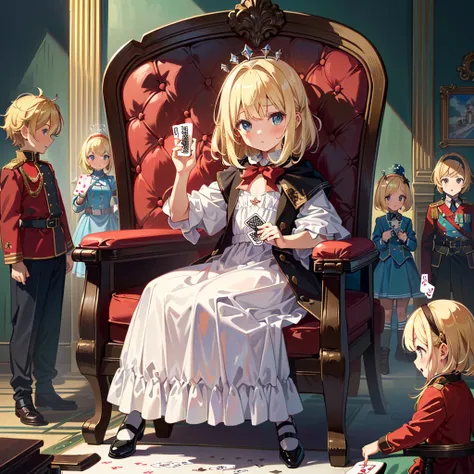 (((Masterpiece, highest quality, 8K))), Living Alice in Wonderland (Queen of Hearts Castle, Queens Chair) ((1 girl (Alices clothes, blonde, 5 year old girl)) Bullish expression , small, young, flat chest, round face, young, small: 1.25), (baby face), (shor...