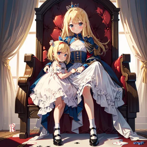 (((Masterpiece, highest quality, 8K))), Living Alice in Wonderland (Queen of Hearts Castle, Queens Chair) ((1 girl (Alices clothes, blonde, 5 year old girl)) Bullish expression , small, young, flat chest, round face, young, small: 1.25), (baby face), (shor...