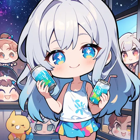 masterpiece、Highest quality、Depth of subject、２D illustration、1 beautiful girl、独奏, (((chibi style)))、((night)), ((window)), ((starry sky)), Long, beautiful hair、Shiny silver hair、cute、Beautifully detailed eyes、((Tank top))、a glass of blue soda, ((colorful))...