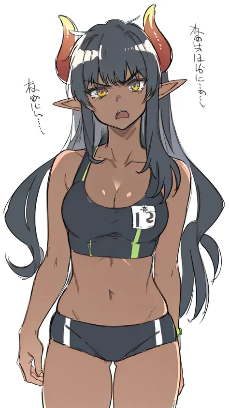 ((1girl,solo,mature female,25s,adult)),medium breasts,long hair, black hair,angry expression,horns,elf ears,black scarf,cleavage...