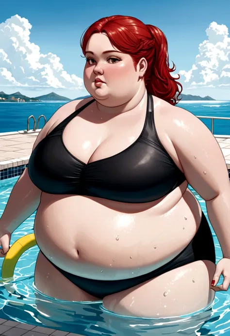 Obese girl doing aquafitness in a pool overlooking the ocean, with black swimsuit and red hair