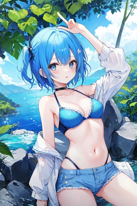 Girl、Blue hair short、bikini、sexy