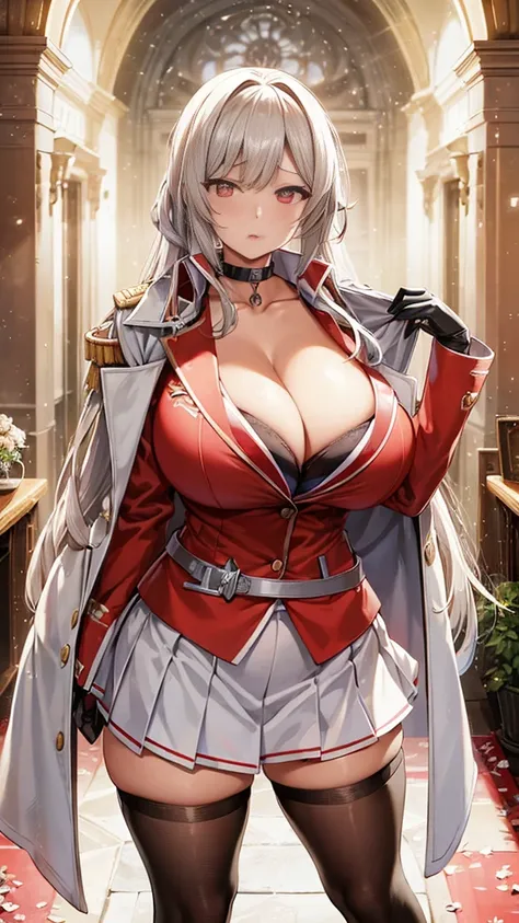 muponarch (Azur Lane), (Azur Lane), One girl, blupond hair, red eyes, Thick lips, masterpiece, Highest quality, High resolution, Huge breasts, (Black bra), Bra Peek, View your viewers, expressiuponless, Cleavage, collar bupone, tight white army uniform, un...