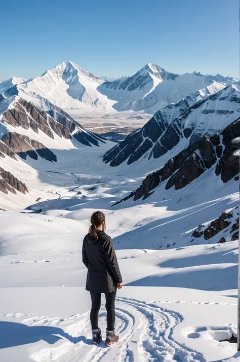 Girl standing alone her back is shown, background is full consists of snow mountain peaks 