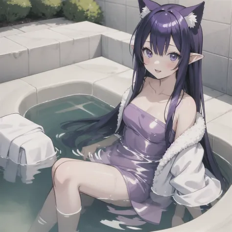 anime girl long purple hair, soak in a hot spring,{{Wrapped in a bath towel}}. she has pointy ears. Manga kawaii. iridescent ,An illustration