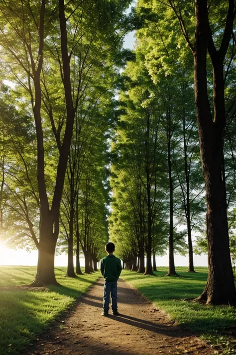 A boy is standing and looking at the sun. The green trees are very beautiful