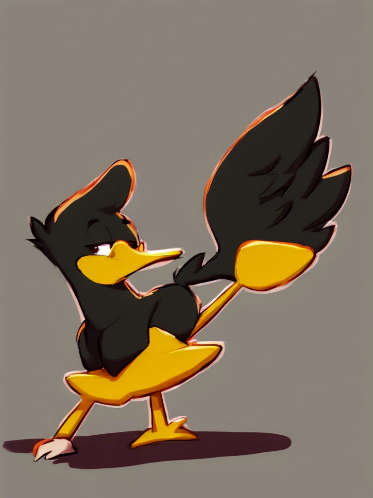 Daffy duck, black duck, gray background